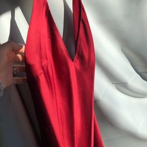 Red silk v neck low back gown